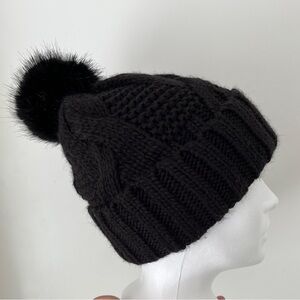 H&M Black Knitted Cable Knit Hat Faux Fur Pom Pom Winter Touque